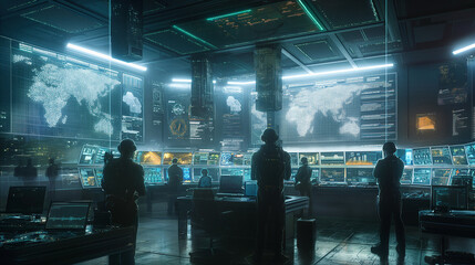 Poster - A high-tech command interface in AR showing global AI networks analyzing and countering cyber threats in real-time across a digital grid.