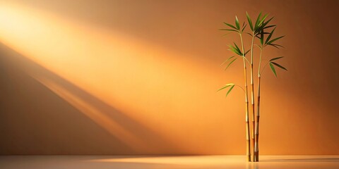 Poster - Golden Hour Serenity  Bamboo Plant Silhouetted Against a Warm Colored Wall with Sunlight Streaming In