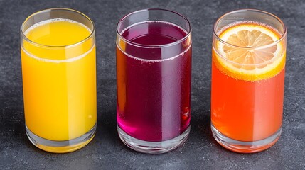 Wall Mural - Three vibrant glasses filled with colorful juices: orange, purple, and orange-red, served on a dark background.