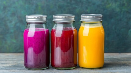 Wall Mural - Three colorful juice jars in glass bottles: vibrant purple, red, and yellow, set against a textured green background.