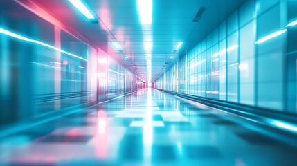 Poster - Futuristic corridor with glowing lights and reflections. 3d rendering - Generated AI