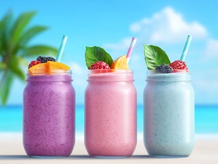 Wall Mural - Three colorful smoothies in jars, topped with fresh fruit and mint, set against a beach backdrop with palm trees and a clear blue sky.