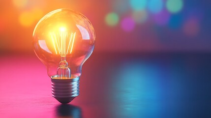 Poster - Glowing light bulb on colorful bokeh background, idea concept - Generated AI