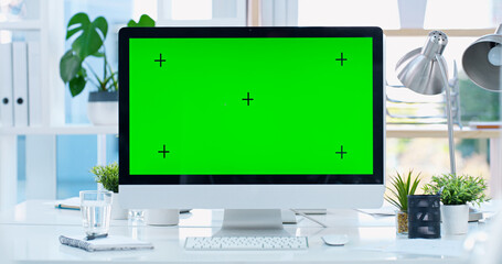 Poster - Green screen, business and website with computer in office for research, communication or tracking marker. Administration, audit and financial firm with technology in empty room for digital and email
