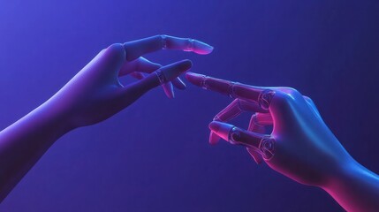 Poster - a human hand reaching or touching an artificial intelligence digital finger, technology concept with