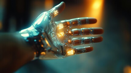 Poster - a human hand touches a robotic, transparent hand with glowing circuitry, symbolizing the unity of hu