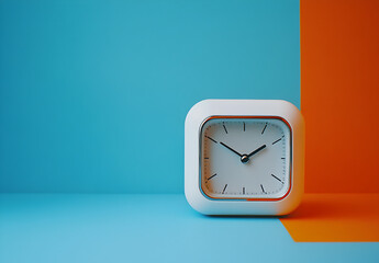 A white alarm clock on an orange and blue background, Time management concept.