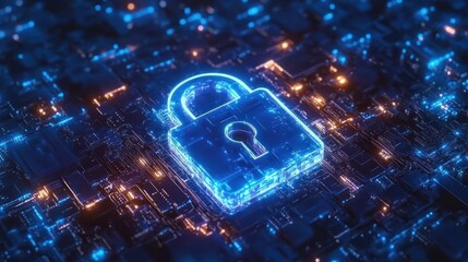 Poster - blue lock icon in cyber network data stream background for security technology protection concept