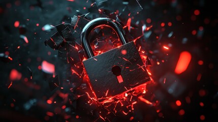 Poster - broken padlock with shattered pieces flying, symbolizing an email security breach, dark background, 