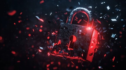 Poster - broken padlock with shattered pieces flying, symbolizing an email security breach, dark background, 