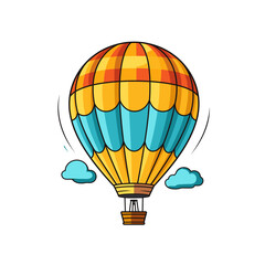 colorful hot air balloon floating above fluffy clouds in a blue sky during a sunny day
