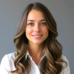 Wall Mural - A 25-year-old Caucasian woman with medium-length brown hair wearing a white shirt against a gray background.