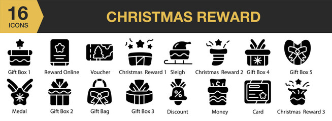 Wall Mural - Christmas Reward solid icon set. Includes Gift, Medal, Winner, Christmas, Birthday, Box, Badge, and More. Solid icons vector collection.