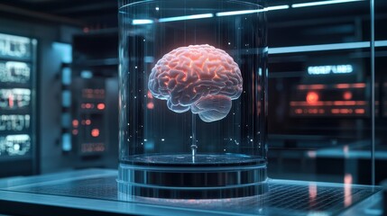 Poster - digital brain in a glass lab, artificial intelligence brain model, futuristic digital brain