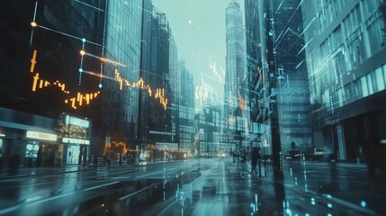 Poster - Dynamic stock market graph displaying financial trends and growth, showcasing data visualization in a modern urban setting.