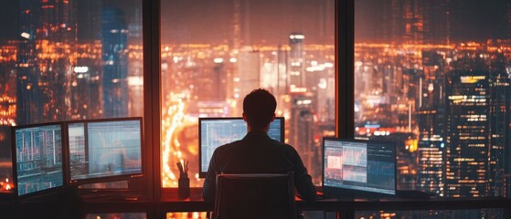 Poster - Finance planner analyzing global trends on dual screens in modern office at night cityscape
