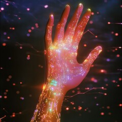 Poster - futuristic human hand reaching a glowing circuitry robotic hand, representing the merging of human a