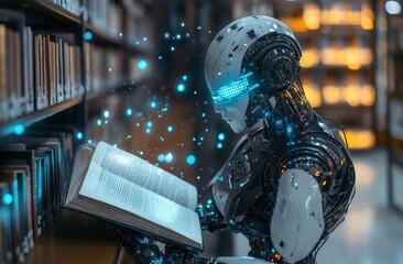Poster - Futuristic Robot Reading a Book in a Modern Library, Surrounded by Glowing Digital Elements and Bookshelves Filled with Literature in a High-Tech Environment