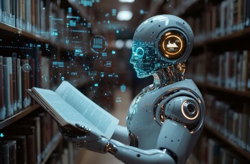 Poster - Futuristic Robot in Library Engaged in Reading Book Surrounded by Data Visualization and Artificial Intelligence Concepts in a Modern Educational Environment