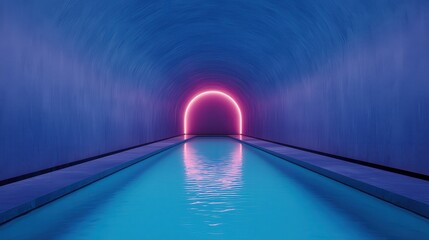 Poster - A serene tunnel featuring a glowing pink arch over a tranquil pool of blue water, evoking a calm and futuristic atmosphere.