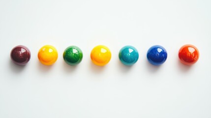 Poster - Colorful marbles displayed in a line on a white background art showcase minimalist style