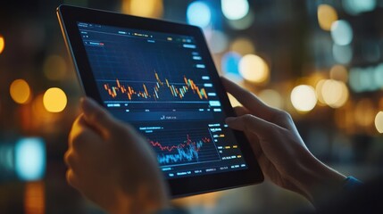 Poster - Hands Holding Tablet Displaying Financial Data with Colorful Graphs and Charts in a Nighttime Urban Environment with Blurry City Lights