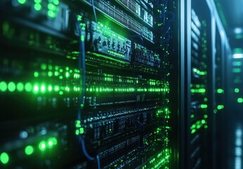 Poster - High-Tech Data Center with Glowing Green Lights Illuminating Rows of Server Racks, Showcasing Modern Technology and Digital Connectivity in a Futuristic Environment