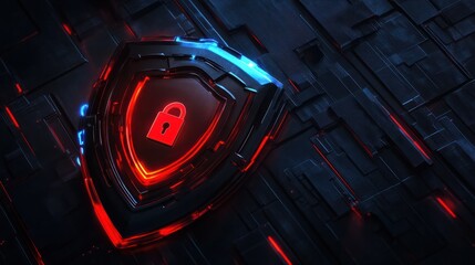 Poster - modern shield with lock icon glowing red and blue on dark background cyber security concept banner design
