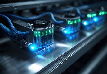 Poster - High-Tech Industry Equipment with LED Lights and Tubing, Showcasing Advanced Mechanisms in a Close-Up Perspective, Reflecting Industrial Innovation and Modern Engineering