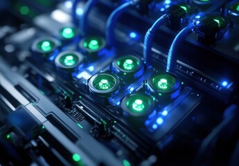 Aufkleber - High-Tech Server Components with Glowing Green Lights in a Modern Data Center Designed for Efficient Processing and Storage Solutions