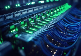 Aufkleber - Intricate Network of Illuminated Data Cables and Circuit Boards in a Data Center Showcasing Technology Infrastructure and Modern Computing Systems