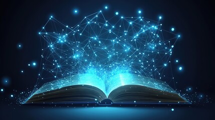 Poster - Artificial intelligence creating an ebook with polygonal design of interconnected lines and points on a blue background 8k Resolution