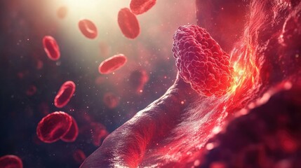 Poster - A 3D illustration showing cholesterol plaques in an artery, blocking the flow of red blood cells and impairing circulation in the cardiovascular system