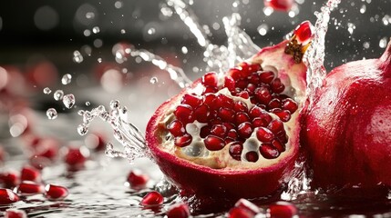 Poster - A dynamic splash of water with freshly cut pomegranate, its red seeds flying in all directions, adding energy and color to the refreshing image