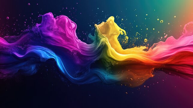 A dynamic, colorful digital art background with a fluid explosion of rainbow hues, swirling waves, and splashes capturing the essence of movement and energy