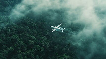 Poster - A high-altitude shot of a white airplane, powered by biofuels, cutting through a foggy rainforest, demonstrating a sustainable future for air travel above lush greenery