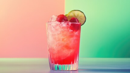 Poster - A frozen strawberry lime cocktail garnished with lime slices, vibrant pink and green background making the drink pop with color