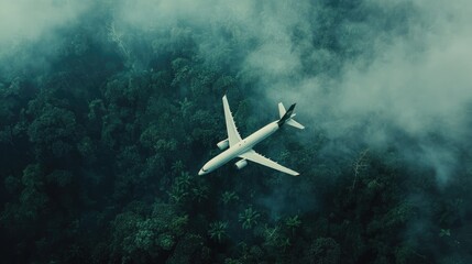 Poster - A high-altitude shot of a white airplane, powered by biofuels, cutting through a foggy rainforest, demonstrating a sustainable future for air travel above lush greenery