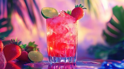 Poster - A refreshing frozen cocktail made with strawberry and lime, vibrant backdrop full of color, highlighting the chilled, frosty drink