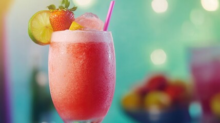 Poster - A refreshing strawberry lime frozen cocktail with a pop of vibrant color in the background, garnished with fresh fruit and ice