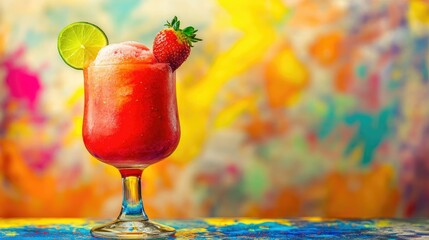 Poster - A vibrant strawberry lime frozen cocktail in a colorful glass, set against a bright, lively background with splashes of vivid colors