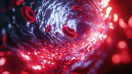 Poster - A visual representation of a clogged artery in 3D, with cholesterol plaques forming inside the vessel, impeding red blood cells from flowing freely