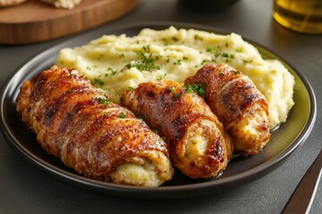 Canvas Print - A delicious plate of golden-brown stuffed chicken rolls served with creamy mashed potatoes.