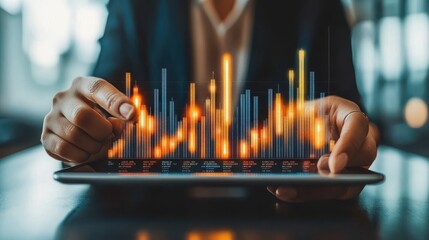 Poster - Person Analyzing Digital Financial Graphs on Tablet Device, Displaying Data Visualization with Bright Colors and Dynamic Elements in Modern Office Environment