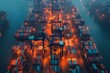 © natalia - Aerial view of a busy cargo port at night, shrouded in fog.