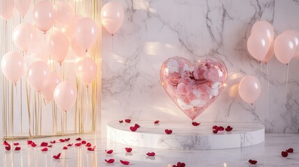 Poster - Romantic Valentine's decoration with heart-shaped podium, translucent balloons, warm soft lighting, and delicate rose petals scattered over a white marble surface