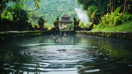 Poster - Water dropping into a still, dark water body, ripples spread as the water impacts, showcasing Indonesia beauty in a serene setting