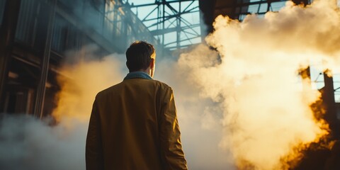 Aufkleber - A person stands in an industrial space with dramatic light and smoke. The scene conveys a sense of mystery and exploration. Ideal for creative projects and storytelling. AI