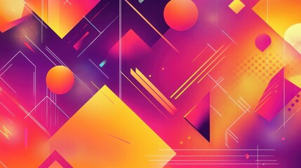 Wall Mural - Dynamic geometric patterns in bright orange and magenta, featuring sharp angles and gradients that create a sense of movement. This design includes subtle metallic reflections and glowing outlines