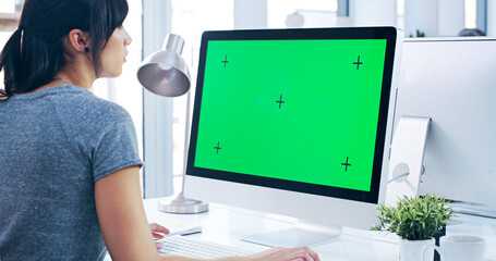 Aufkleber - Green screen, planning and person with computer, office and copywriting for press release, creative and digital. Tracking markers, display and copywriter with information, market research or business